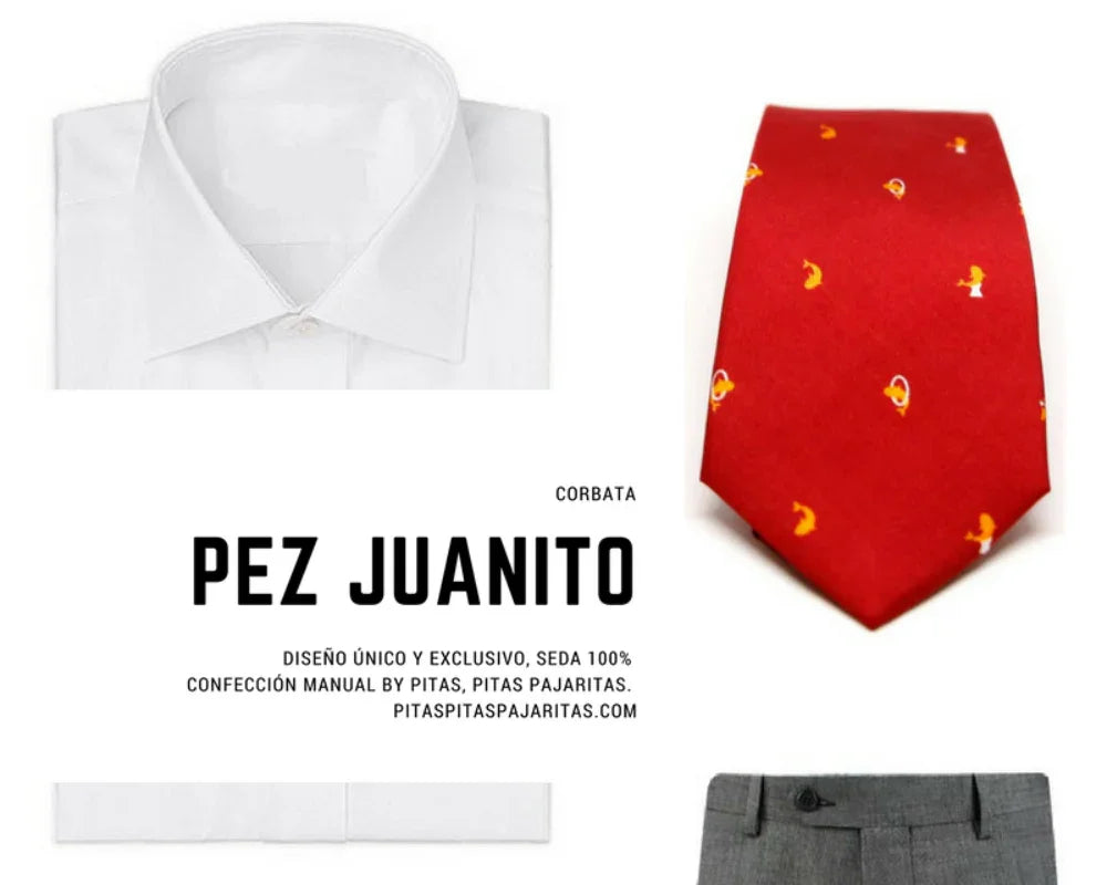 Corbata roja de seda 100% con diseño exclusivo de Pez Juanito, confeccionada a mano, sobre fondo blanco