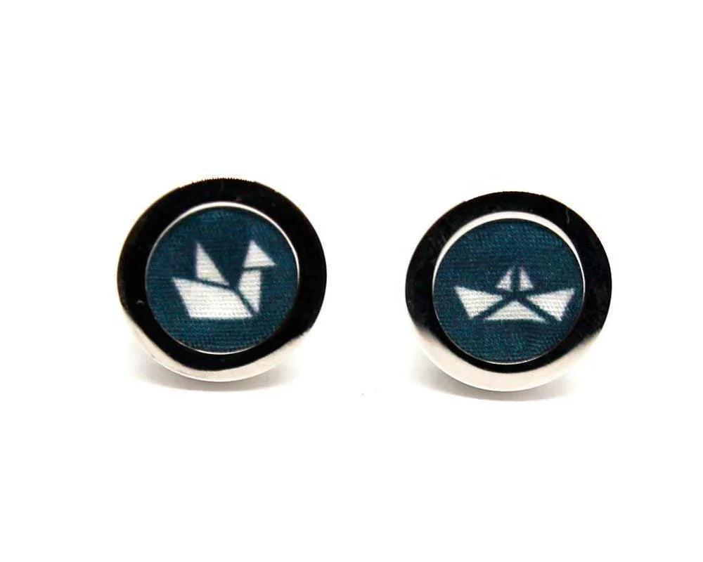 Gemelos para camisa con diseño de figuras de papiroflexia en azul y blanco, marco metálico redondo