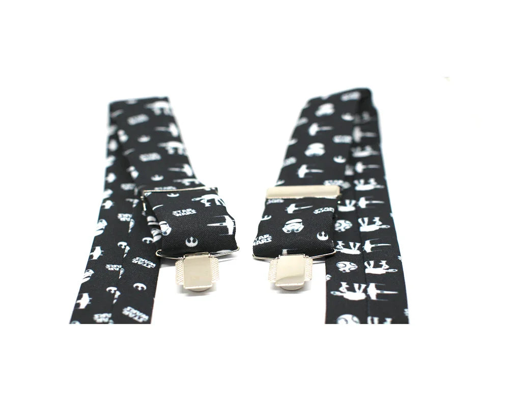 Tirantes negros con estampado blanco de Star Wars, clips plateados, accesorios frikis para hombre y niño