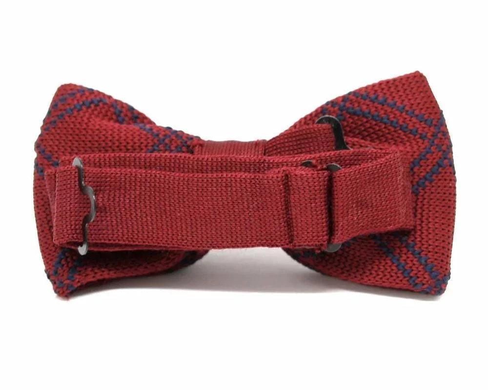 Pajarita de punto granate con detalles azul marino, hecha a mano, estilo original y friki