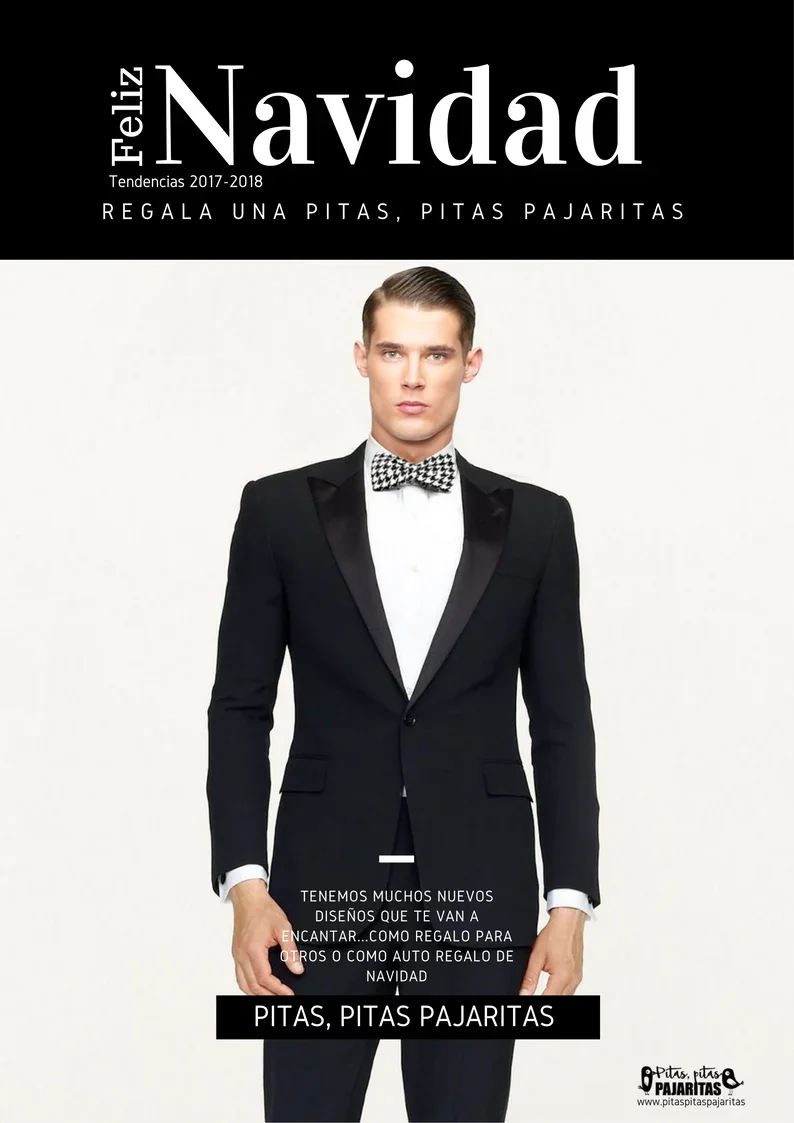 Hombre vestido de esmoquin negro con camisa blanca y corbatín a cuadros blanco y negro para regalo de Navidad