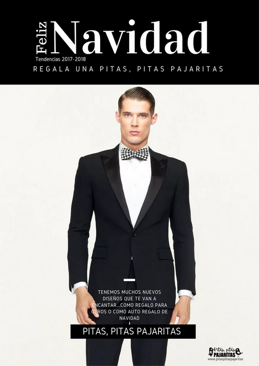 Hombre vestido de esmoquin negro con camisa blanca y corbatín a cuadros blanco y negro para regalo de Navidad
