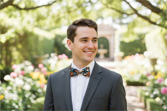 Novio con traje gris, camisa blanca y pajarita de flores de Pitas, Pitas Pajaritas
