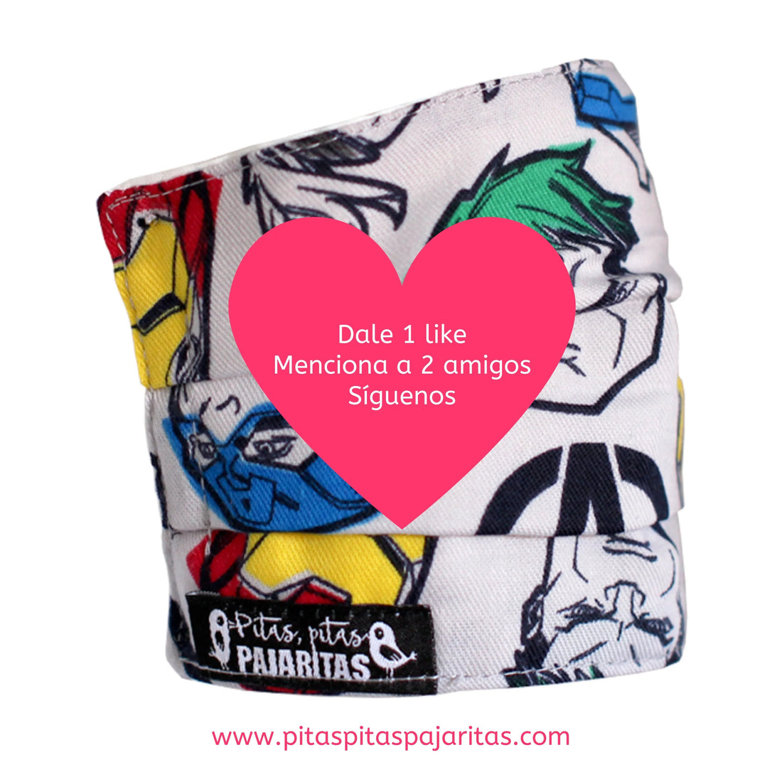 Mascarilla facial con diseño de personajes de cómic, marca Pitas Pitas Pajaritas, promocionando sorteo