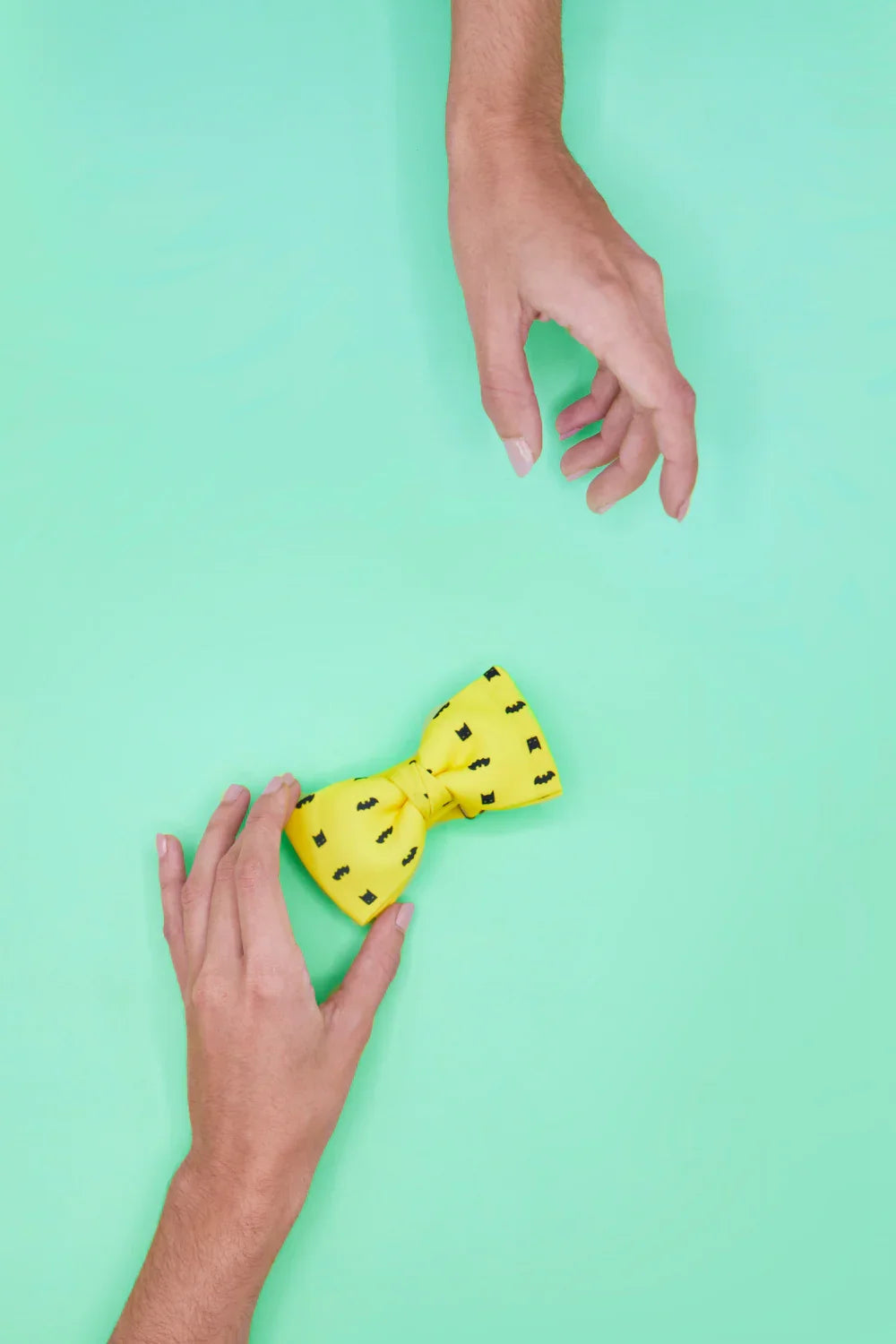 Manos sosteniendo pajarita amarilla con estampados frikis sobre fondo verde