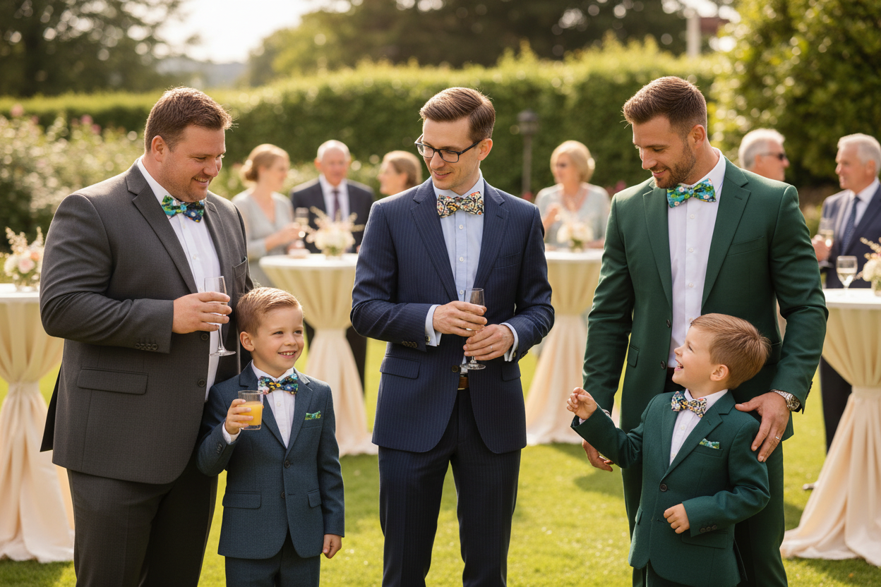 Banner con padres e hijos luciendo pajaritas de Pitas, Pitas Pajaritas en una boda de coctail